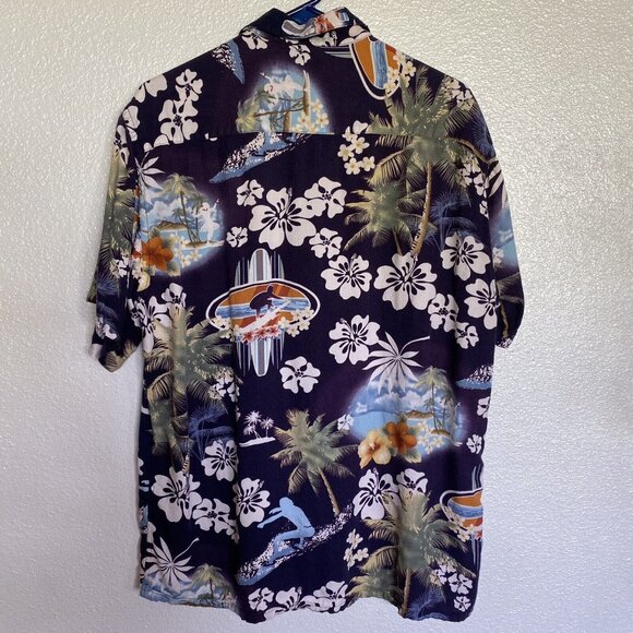 Pierre Cardin Shirt Adult Medium Navy Hawaiian Flowers Palm Trees Surfing Mens - Picture 4 of 6
